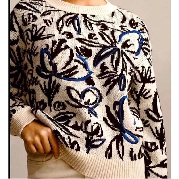 by Anthropologie Women's Sz S Blue Motif Floral Pop Embroidered Sweater - Picture 9 of 9